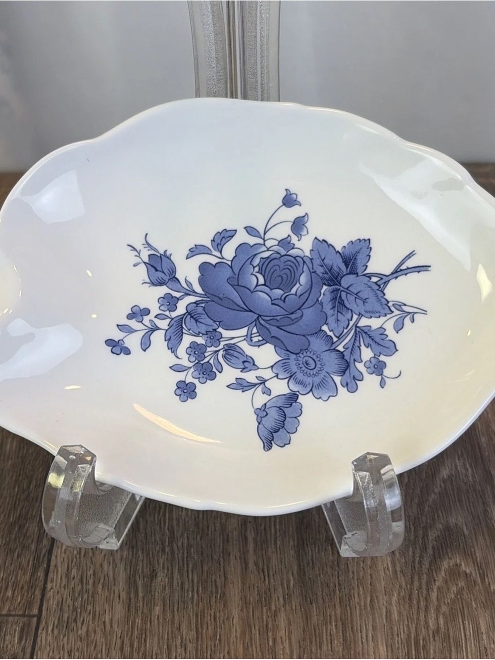 Vintage Spode Blue Floral Rose 6.5" Leaf Shaped Nut Trinket Candy Jewelry Dish